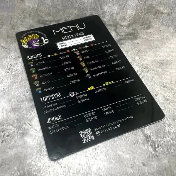 Custom acrylic menu produced by Creative Solutions